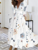 Women Autumn V-neck Long Sleeve Printed Dress