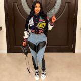 Women Long Sleeve Printed Ribbed Patchwork Baseball Jacket