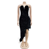 Women Solid Strapless Backless Sequin Feather Dress