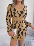 Women V-Neck Contrast Color Long Sleeve Bodycon Sweater Dress