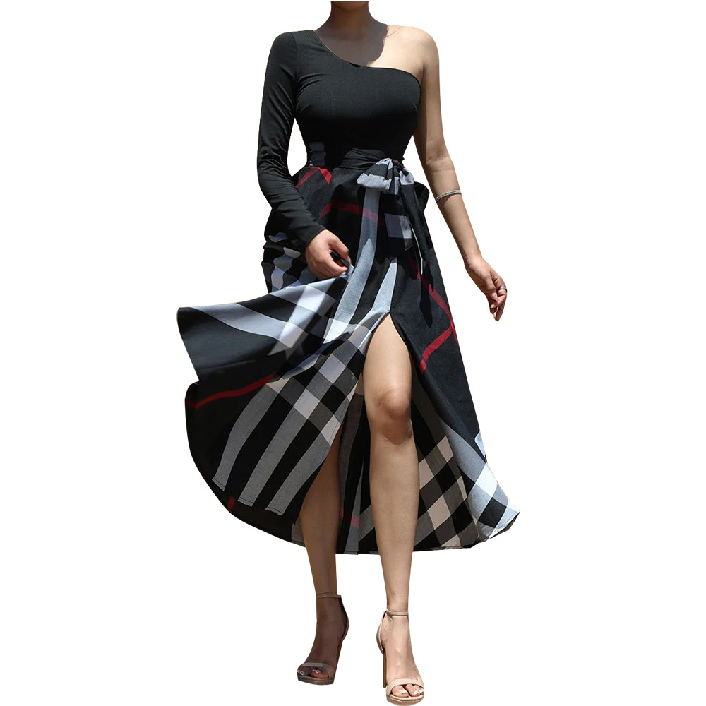 Printed One-Shoulder Slit Dress for Evening Wear