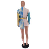 Women Fashion Printed Patchwork Long Sleeve Shirt (Including Belt)