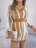 Women v-neck contrast zebra print long-sleeved Bodycon sweater dress