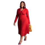 Women Solid Casual Pleated Shirt Dress