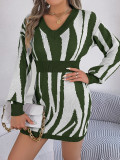 Women v-neck contrast zebra print long-sleeved Bodycon sweater dress