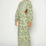 Women Floral Contrast Balloon Sleeve Backless Dress