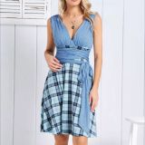 Plus Size Women Deep V Plaid Patchwork Loose Dress