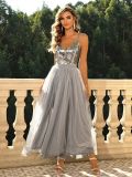 Women Sexy V-Neck Backless Mesh Sequin Patchwork Dress