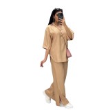 Plus Size Women Loose Top and Slit Wide Leg Pants Two-piece Set