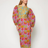 Women Floral Contrast Balloon Sleeve Backless Dress