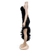 Women Solid Strapless Backless Sequin Feather Dress