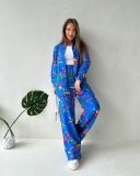 Plus Size Women printed lace-up loose shirt and straight pants two-piece set