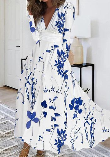 Women Autumn V-neck Long Sleeve Printed Dress