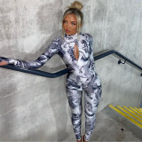 Women Hollow Long Sleeve Backless Printed Jumpsuit