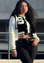 Women Solid Patchwork Letter Button Loose Baseball Jacket Women Solid Patchwork Letter Button Loose Baseball Jacket