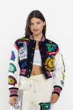Women Long Sleeve Printed Ribbed Patchwork Baseball Jacket