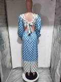 Women Floral Contrast Balloon Sleeve Backless Dress