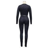 Women Sexy Ribbed Long Sleeve Top and Pant Two-piece Set