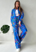 Plus Size Women printed lace-up loose shirt and straight pants two-piece set Plus Size Women printed lace-up loose shirt and straight pants two-piece set