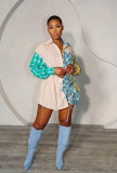 Women Fashion Printed Patchwork Long Sleeve Shirt (Including Belt)