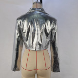 Women Pu Metallic Stand Collar Zip Jacket