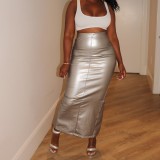 Women Autumn Solid Pu Leather Bodycon Slit Skirt