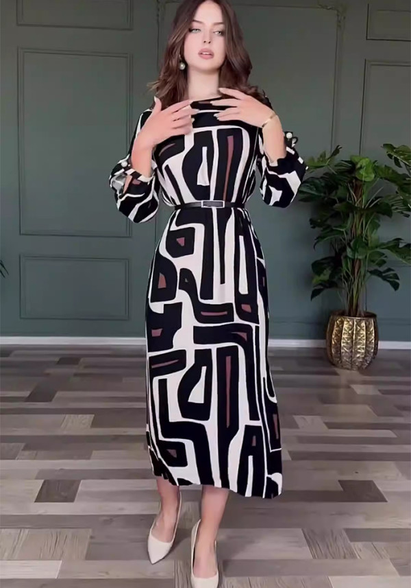 Women Autumn Geometric Print Elegant Dress