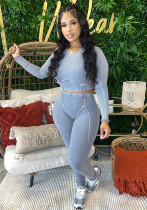 Women Sexy Ribbed Long Sleeve Top and Pant Two-piece Set Women Sexy Ribbed Long Sleeve Top and Pant Two-piece Set