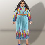 Plus Size Autumn Women's Print Button Long Sleeve Pleated Dress