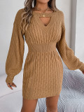 Autumn And Winter Solid Color Hollow Lantern Sleeve Bodycon Sweater Dress Women's Clothing