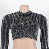 Sexy Beaded Tight Fitting Stretch Long Sleeve Top Bodycon Mermaid Skirt Suit