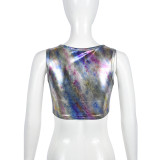 Summer Crop Gradient Color Pu Leather Chain Vest For Women