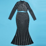 Sexy Beaded Tight Fitting Stretch Long Sleeve Top Bodycon Mermaid Skirt Suit