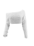 Cute Bubble Fabric Solid Off Shoulder Long Sleeve Crop Top