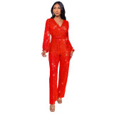 Fashion Casual Long Sleeve Belt Sequin Jumpsuit Women's Clothing