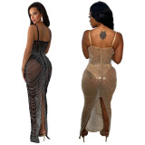Women's Solid Color Mesh Beaded Straps Maxi Dress