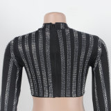 Sexy Beaded Tight Fitting Stretch Long Sleeve Top Bodycon Mermaid Skirt Suit