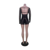 Women's Sexy Off Shoulder Back Hollow Long Sleeve Top Shorts Two-Piece Set