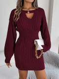 Autumn And Winter Solid Color Hollow Lantern Sleeve Bodycon Sweater Dress Women's Clothing