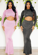 Sexy Beaded Tight Fitting Stretch Long Sleeve Top Bodycon Mermaid Skirt Suit Sexy Beaded Tight Fitting Stretch Long Sleeve Top Bodycon Mermaid Skirt Suit