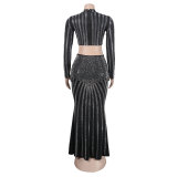 Sexy Beaded Tight Fitting Stretch Long Sleeve Top Bodycon Mermaid Skirt Suit