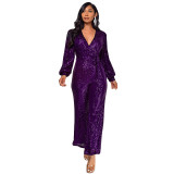 Fashion Casual Long Sleeve Belt Sequin Jumpsuit Women's Clothing