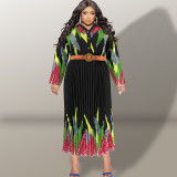 Plus Size Autumn Women's Print Button Long Sleeve Pleated Dress
