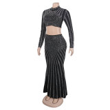 Sexy Beaded Tight Fitting Stretch Long Sleeve Top Bodycon Mermaid Skirt Suit