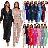 Fashion Casual Long Sleeve Belt Sequin Jumpsuit Women's Clothing