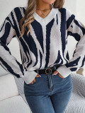 Autumn And Winter Casual V-Neck Contrast Color Long Sleeve Pullover Basic Sweater Women's Clothing