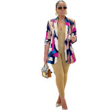 Women's Print Turndown Collar V-Neck Long-Sleeved Blazer