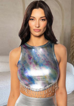 Summer Crop Gradient Color Pu Leather Chain Vest For Women