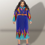 Plus Size Autumn Women's Print Button Long Sleeve Pleated Dress