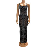 Women's Solid Color Mesh Beaded Straps Maxi Dress